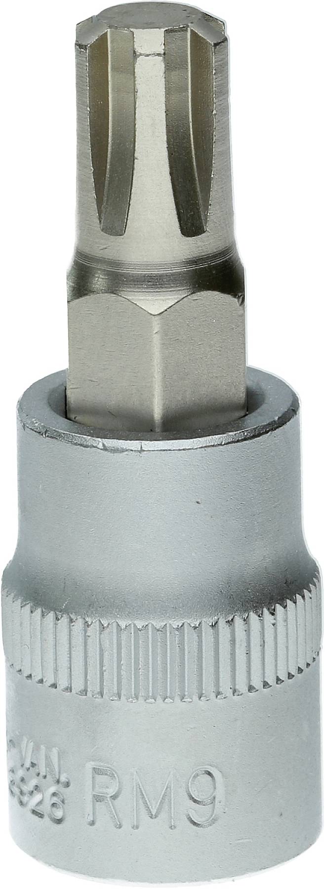 'Metalen dopsleutelopzetstuk met Torx-profiel en gegolfd cilinder, aanduiding "RM9".'