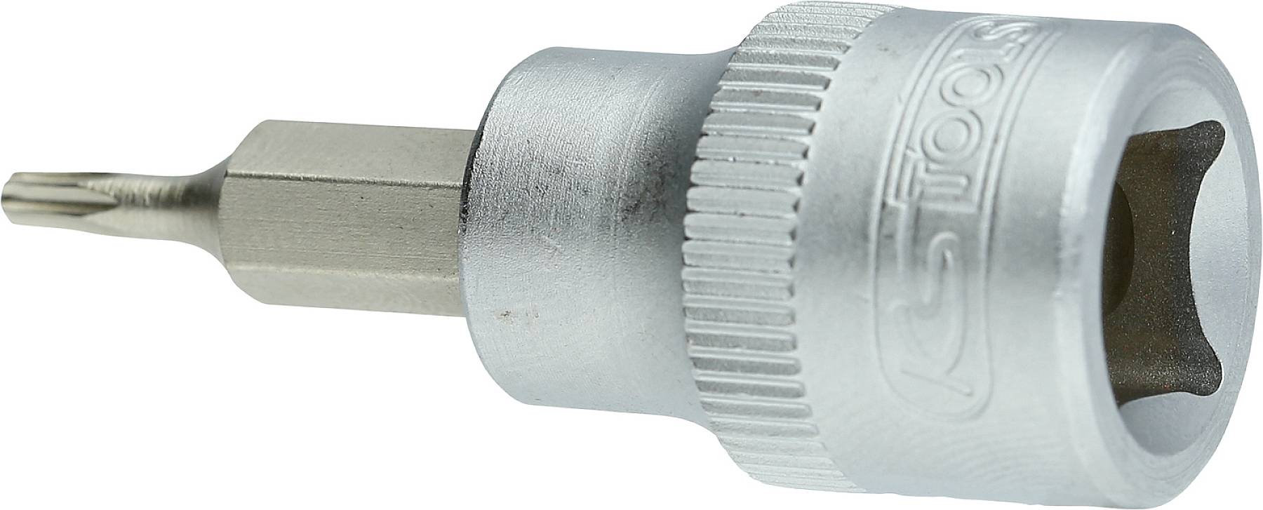 Een zilveren zeskant schroevendraaierbit met een Torx-kop. Het gereedschap heeft een metalen, cilindrische vorm.