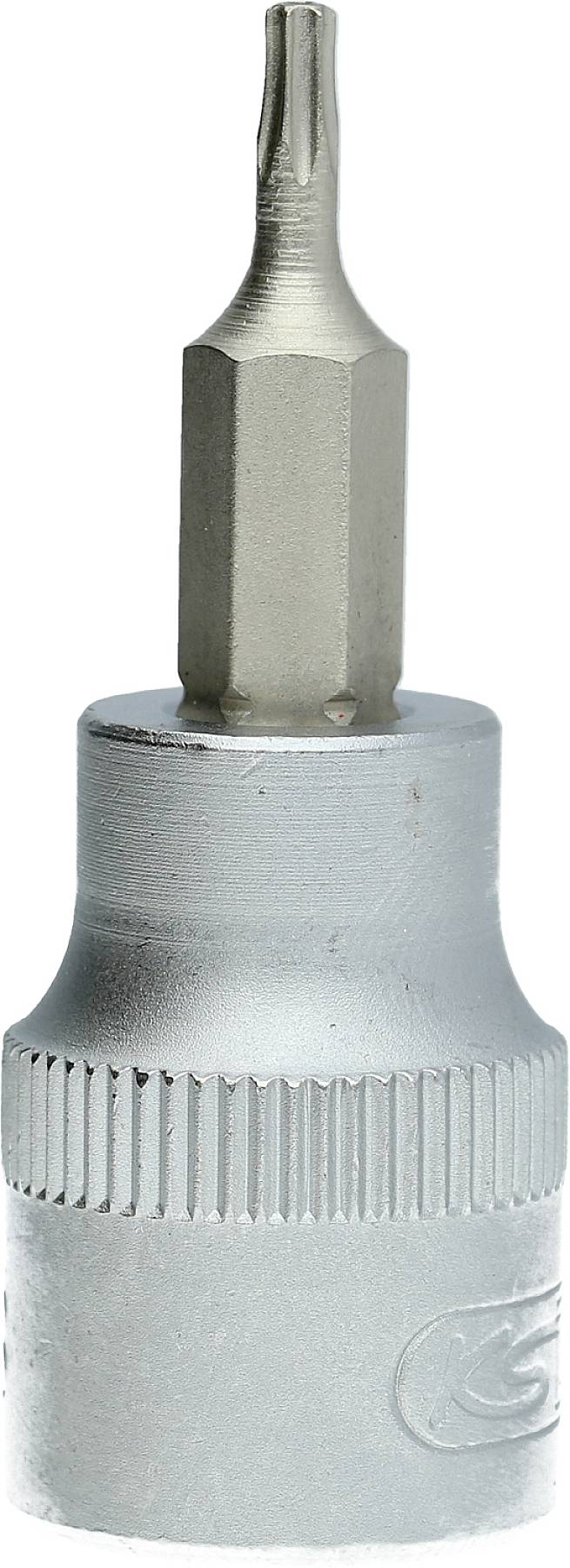 Een zilveren steeksleutelopzetstuk met een Torx-kop bovenaan, dat wordt gebruikt voor mechanische werkzaamheden of reparaties.