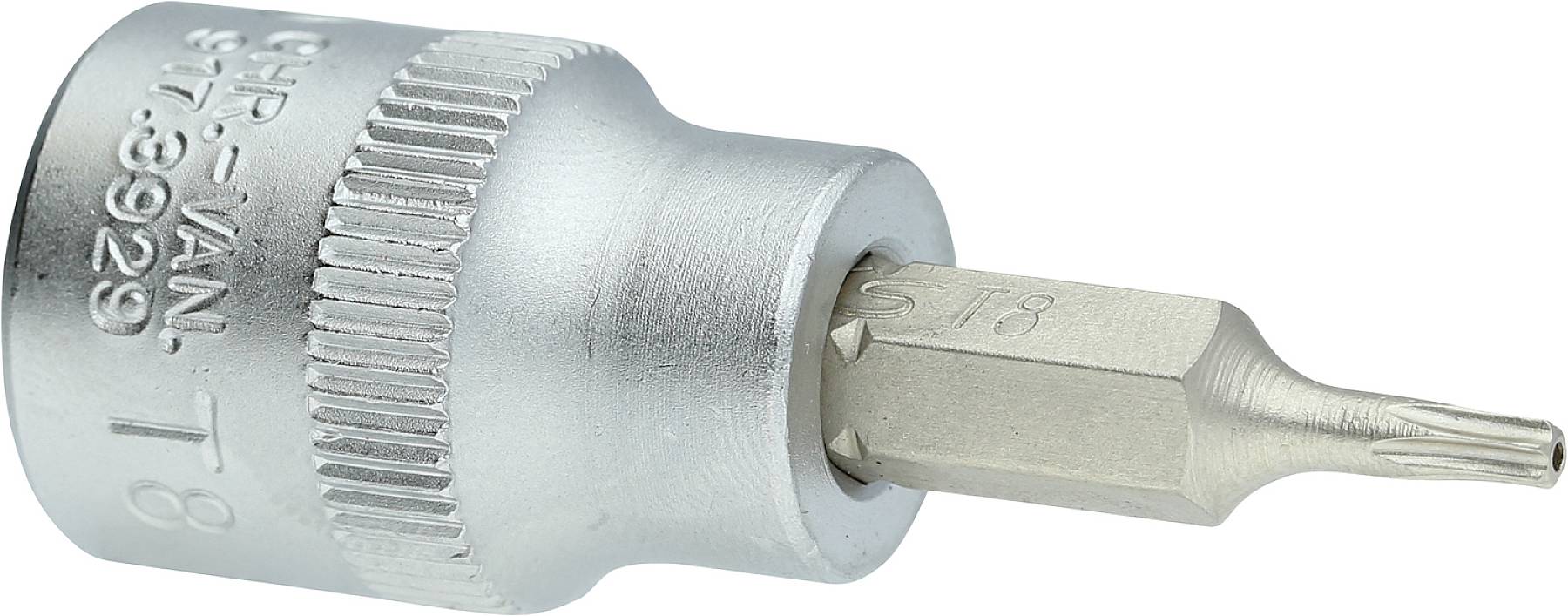 Een zilveren Torx-bitopzetstuk met de gravure 'CR-VAN T8 S7-3929', gebruikt voor schroeftoepassingen.