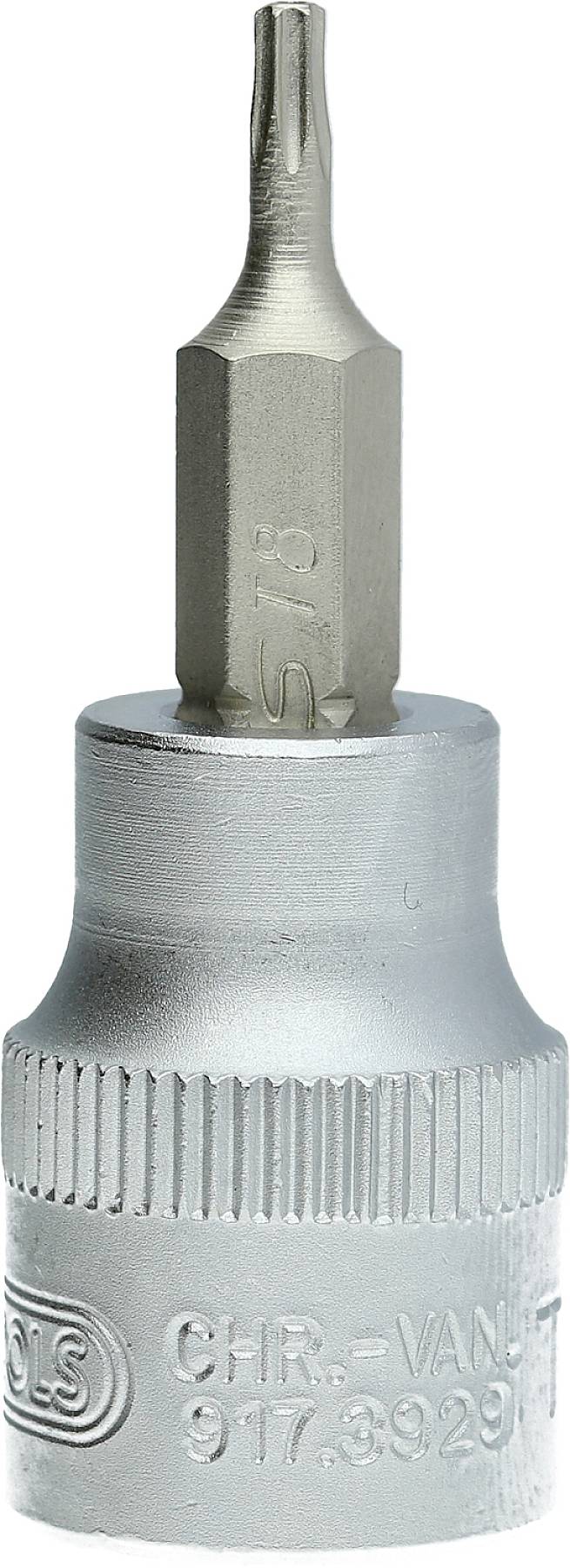 'Een zilveren Torx-bit met een markering van CHR-VAN 9/7-3939'