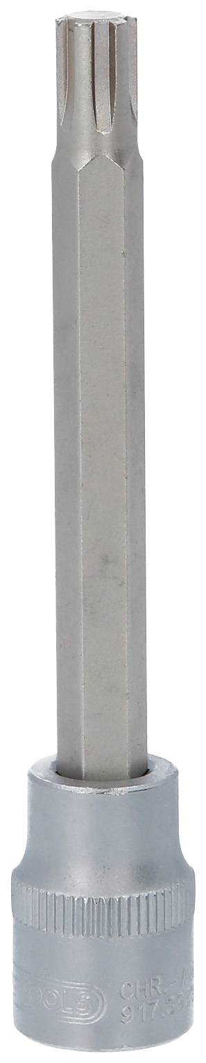 Het beeld toont een metalen Torx-sleutel. Hij heeft een lange, slanke schacht met een zeskante kop en een korte cilindrische handgreep.