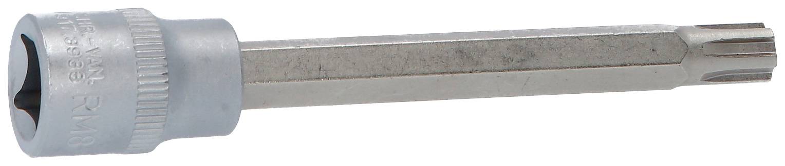 Een Torx-sleutel met een lange steel ligt plat. De kop heeft een stervormige opening voor Torx-schroeven.