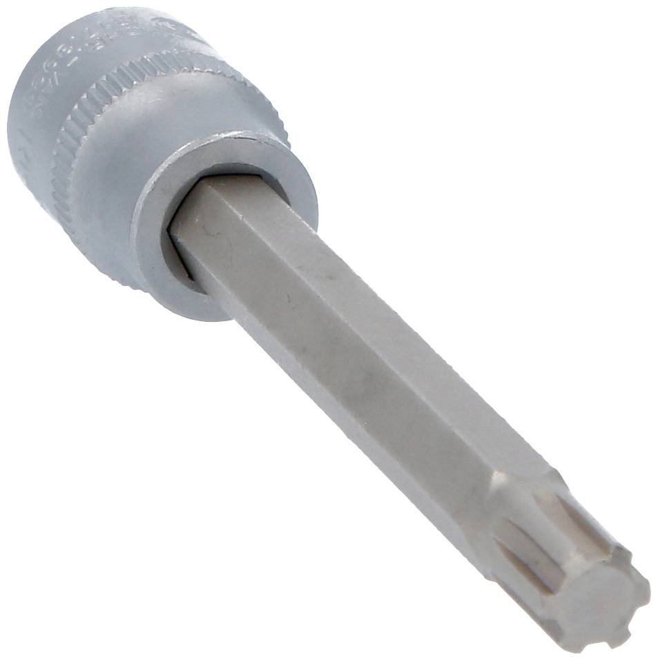 Een zilveren Torx-sleutelopzetstuk met een ronde basis en een stervormige punt, geschikt voor mechanische werkzaamheden of reparaties.