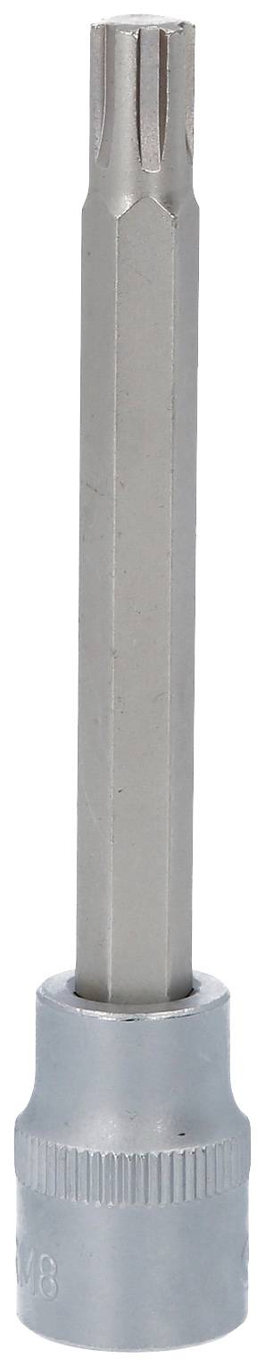 Een zilveren steeksleutelset-bitopzetstuk met zeskante kop, geschikt voor Torx-schroeven, rechtop staand.