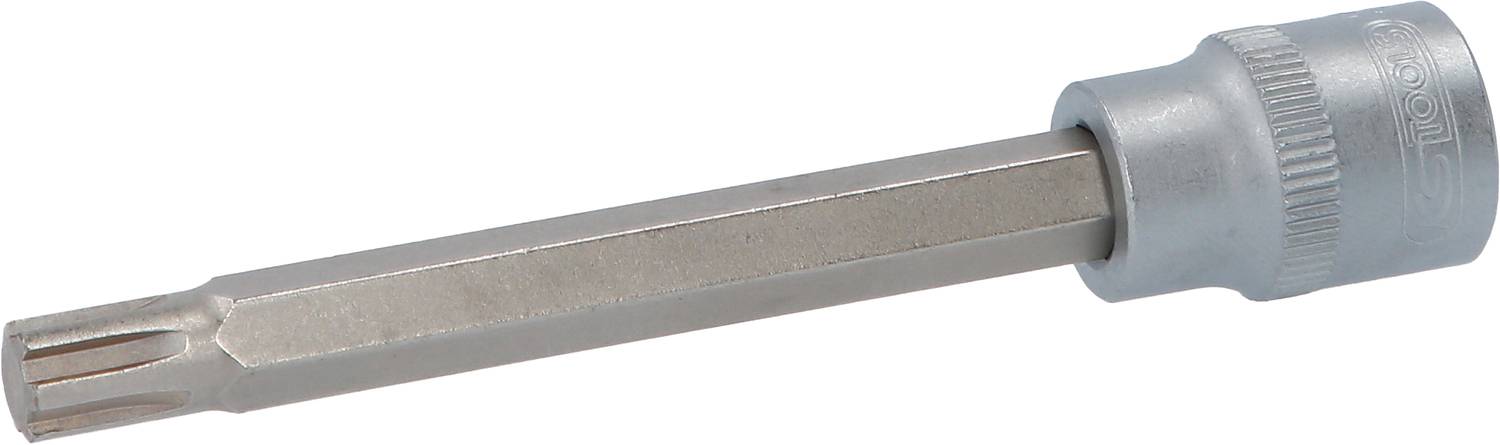Een zilverkleurige Torx-bitopzetstuk voor moersleutels, met zeskante aansluiting en getande Torx-kop, vervaardigd uit metaal.