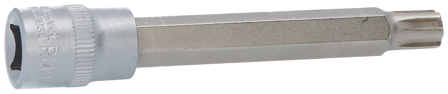 Een zilveren schroevendraaierbit met zeskante schacht en stervormige punt voor Torx-schroeven, geschikt voor mechanische werkzaamheden.