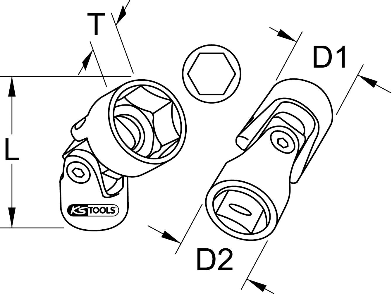 Technische tekening van een steeksleutelgewricht met afmetingen T, L, D1, D2. Gemarkeerd met 'KS Tools'.