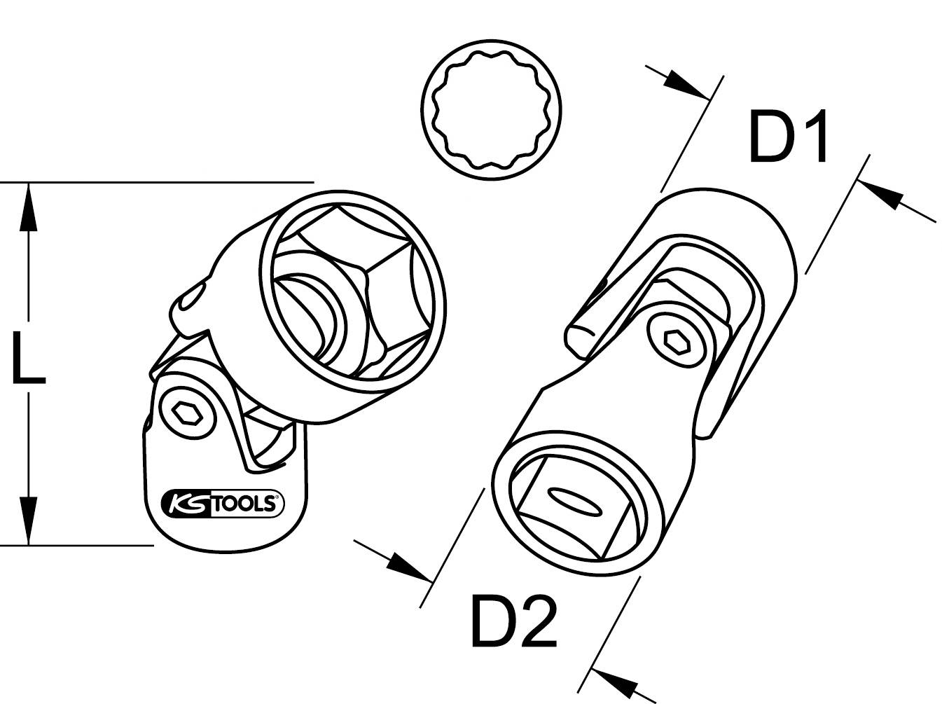 Technische tekening van een scharnier-persstuk van KS Tools met afmetingen 'L', 'D1', 'D2'. Toont twee aanzichten en een bovenaanzicht.