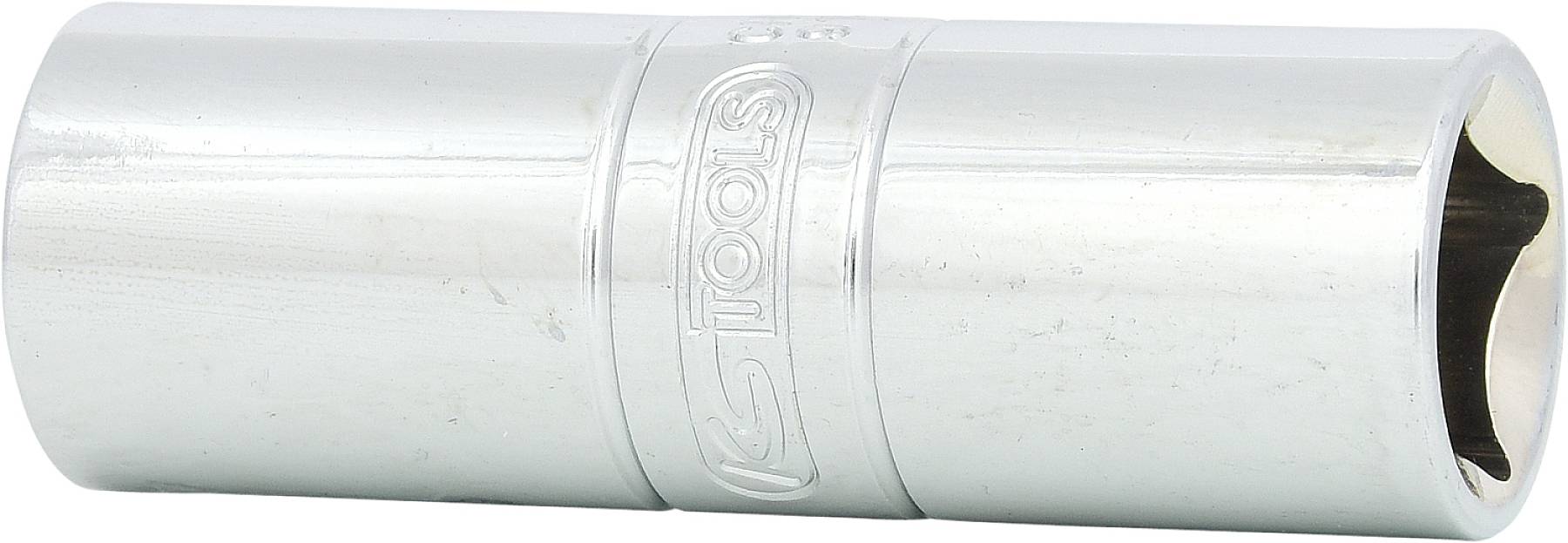 Metalen steeksleutel met zeskante opening, geschikt voor moeren of bouten. Markering 'Tools' aan de zijkant.