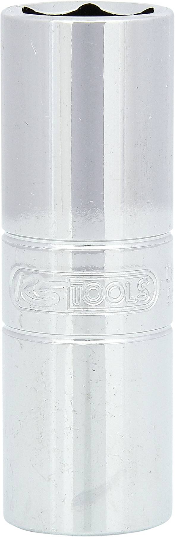 Een zilveren zeskant steeksleutel met 'KS Tools'-logo, glanzend oppervlak. Geschikt voor werkzaamheden met schroeven en moeren.