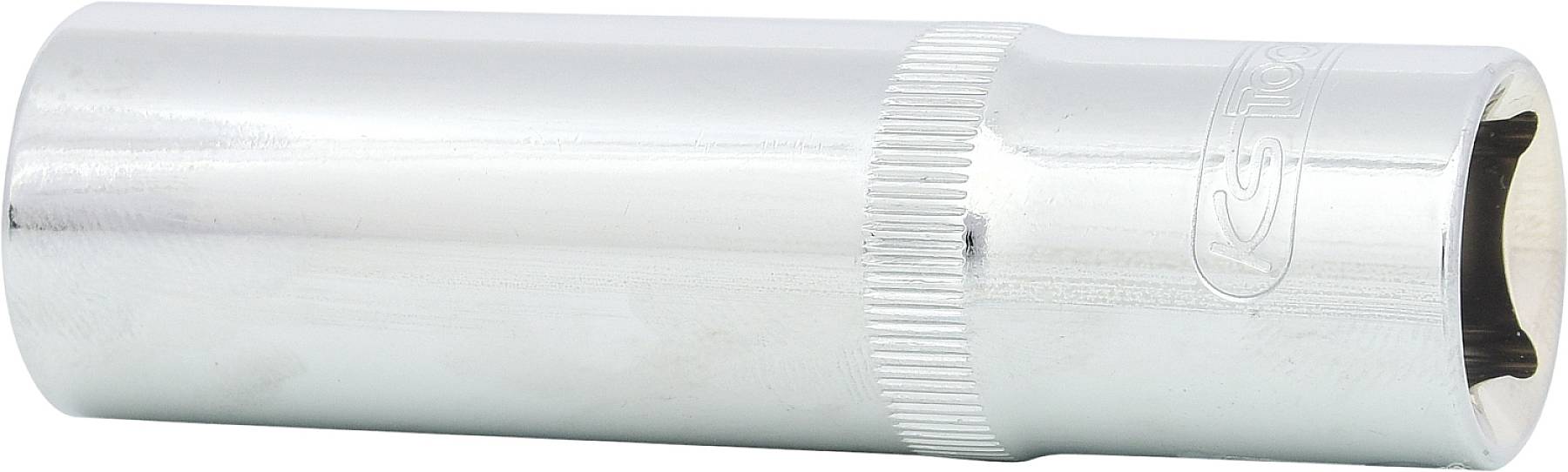 Zilveren dopsleutel met geribbelde greepzone voor een betere grip, geschikt voor het aantrekken van schroeven of moeren.