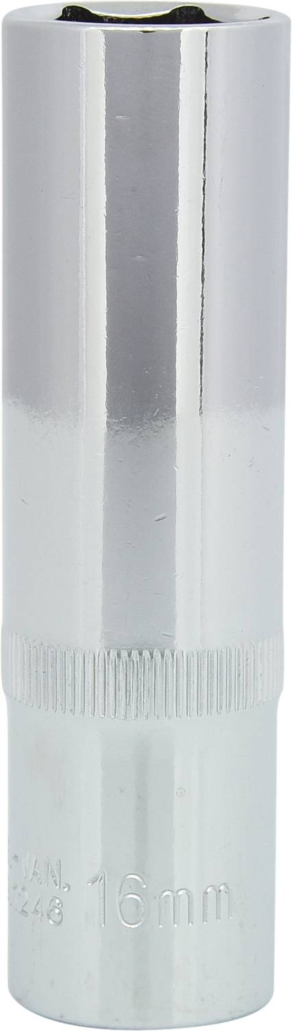 Zilveren 16 mm metalen steekmoer, cilindrisch van vorm, met geribbeld gedeelte voor een betere grip.