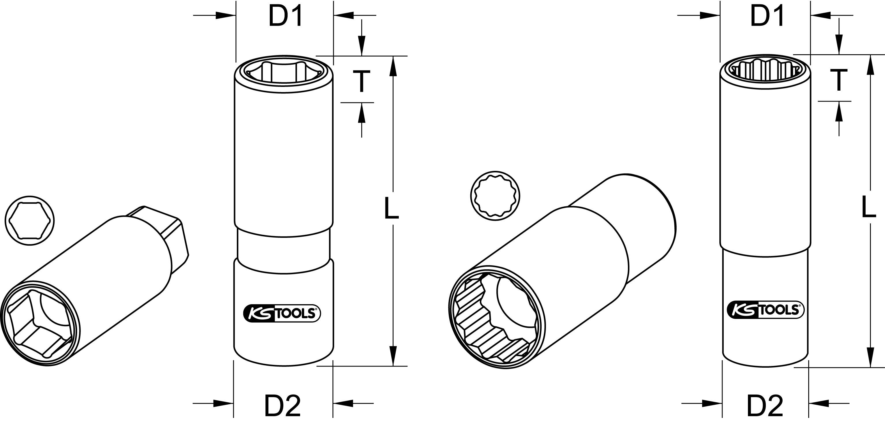Diagram van drie verschillende dopsleutelinzetstukken met de afmetingen D1, D2, T en L. 'KS Tools'-logo op elk inzetstuk.