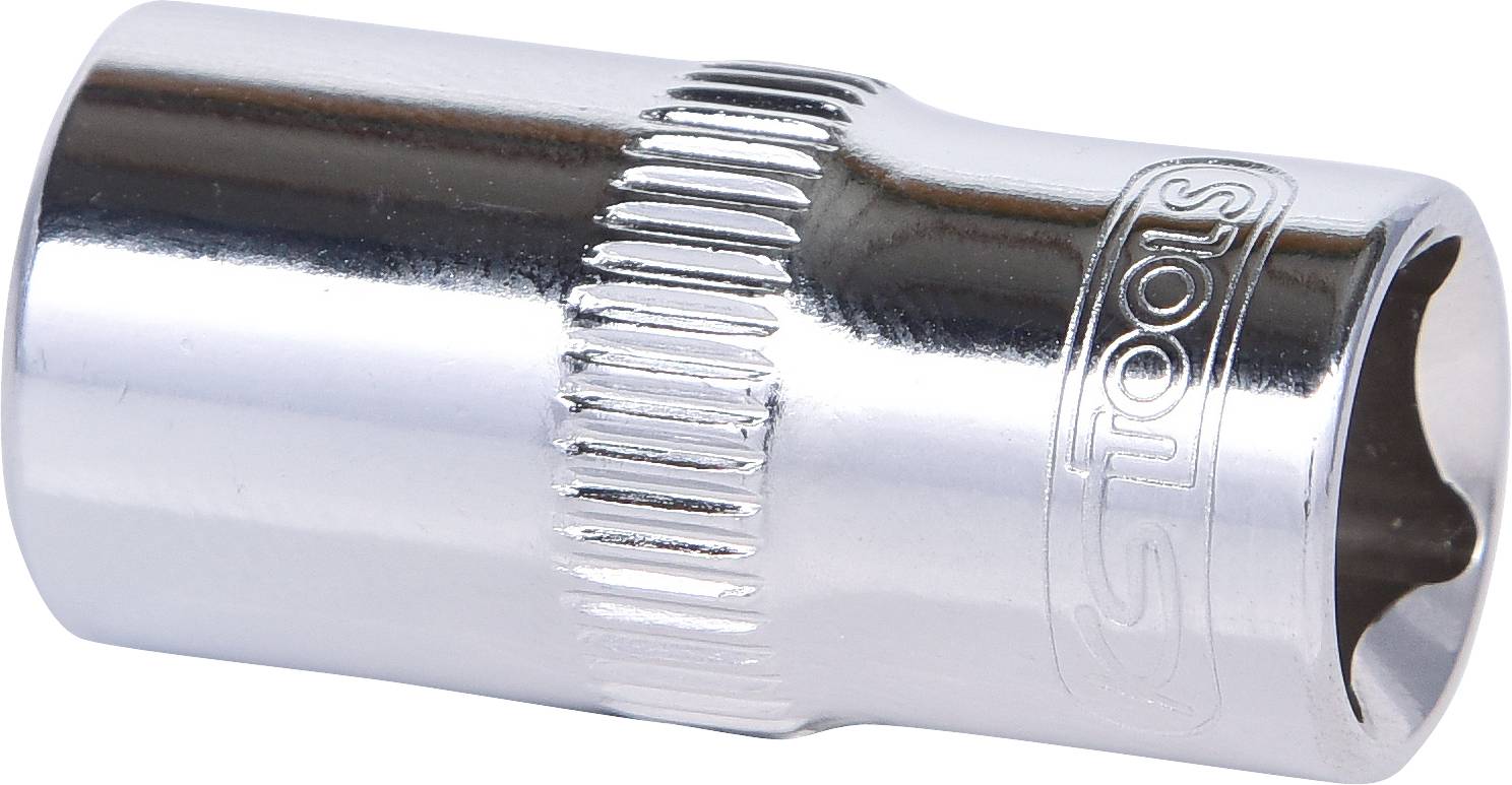 Zeskant dopsleutelinzet van chroom, glanzend, met ribbeling voor betere grip. Merknaam 'S-Tools' gegraveerd.