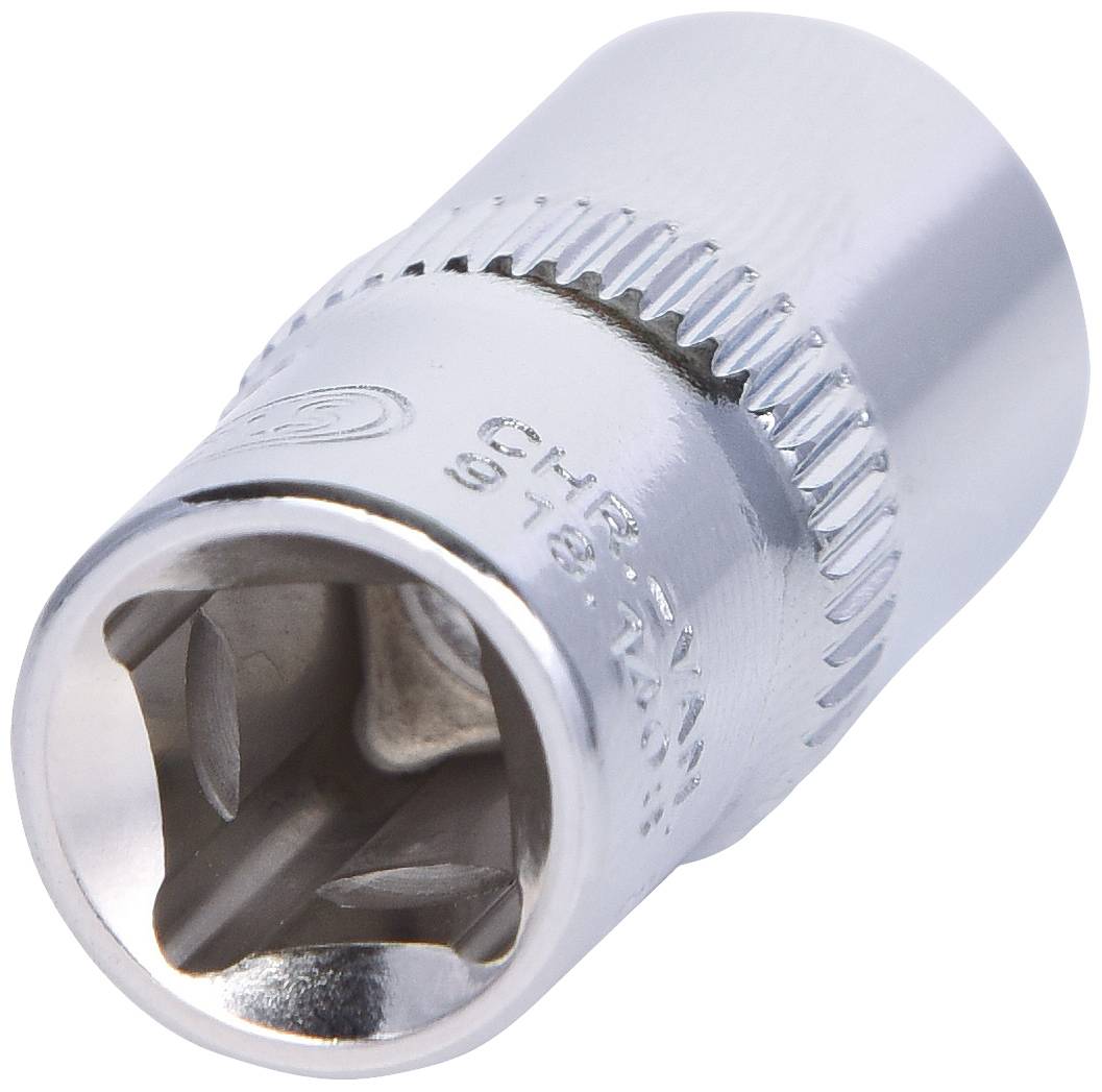 Een zilvergrijze dopmoer, cilindrisch van vorm, met zeskante opening om te bevestigen op een gereedschapsgreep, op een witte achtergrond.