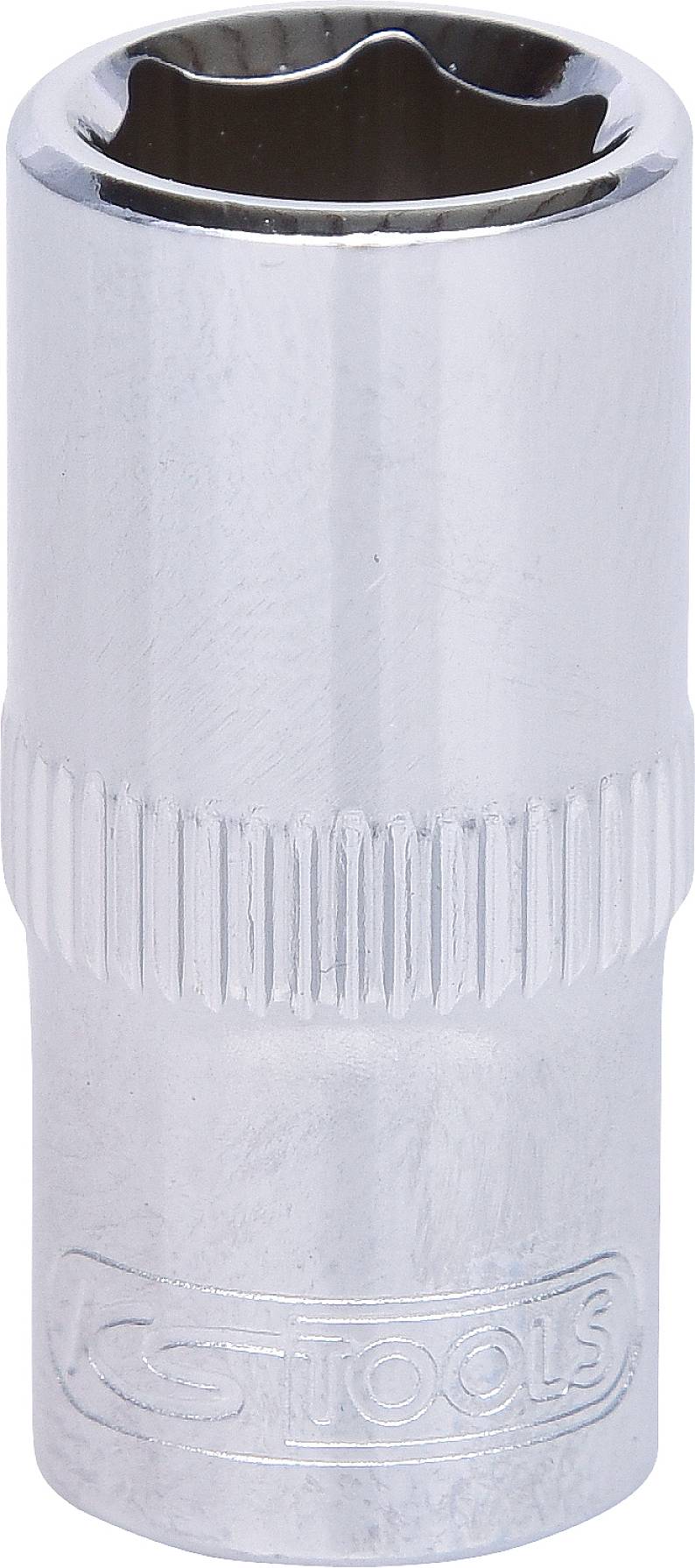 Metalen dopsleutel, glanzend, met een geribbelde greep en geëmailleerd logo aan de zijkant, gebruikt voor schroefwerkzaamheden.