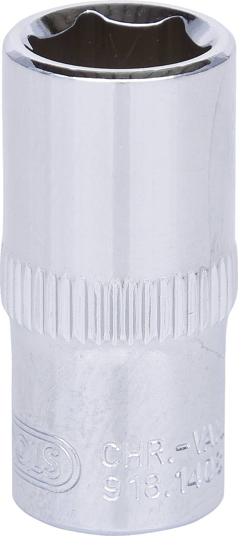 Een zilveren metalen dopsleutelinzetstuk, geschikt voor ratelsleutels, met gegraveerde tekst aan de zijkant.