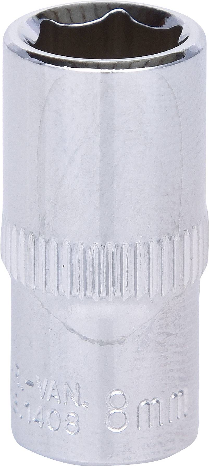 Een zilveren steekmoer met een maat van 8 mm, geschikt voor moersleutels. Hij heeft een gladde, glanzende oppervlakte.