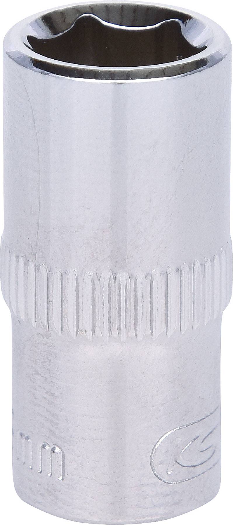 Chroom glanzende zeskantdop, bovenaan open, aan de zijkant geprofileerd voor een betere grip. Gebruikt voor schroefverbindingen.