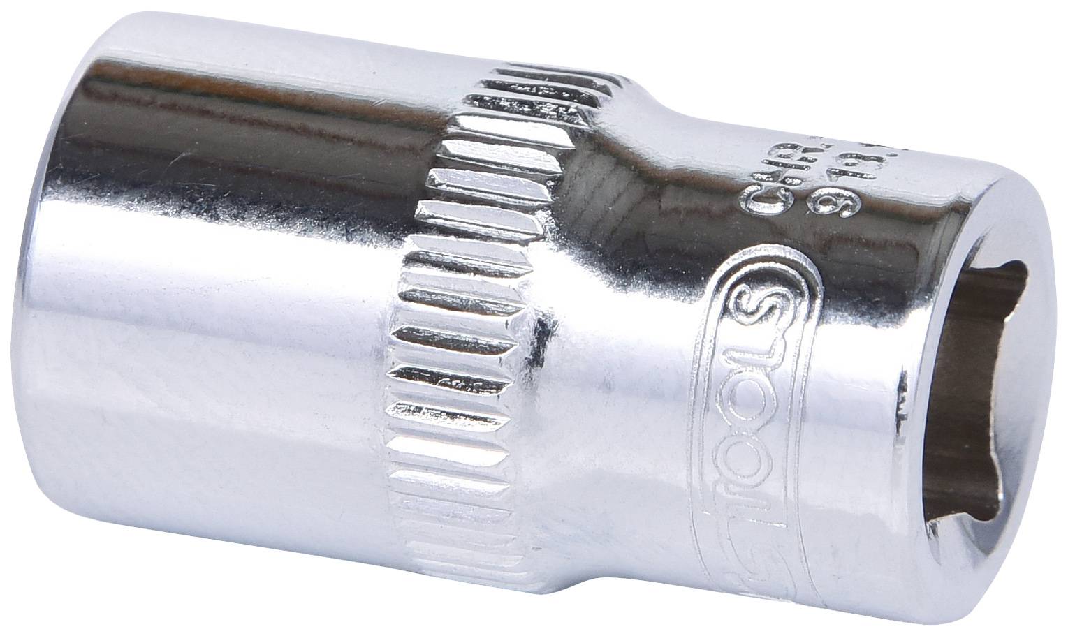 Een zilveren metalen stelmoer met een geribbeld oppervlak en gegraveerde tekst aan de zijkant. Gebruikt voor het vastzetten van schroefkoppen.