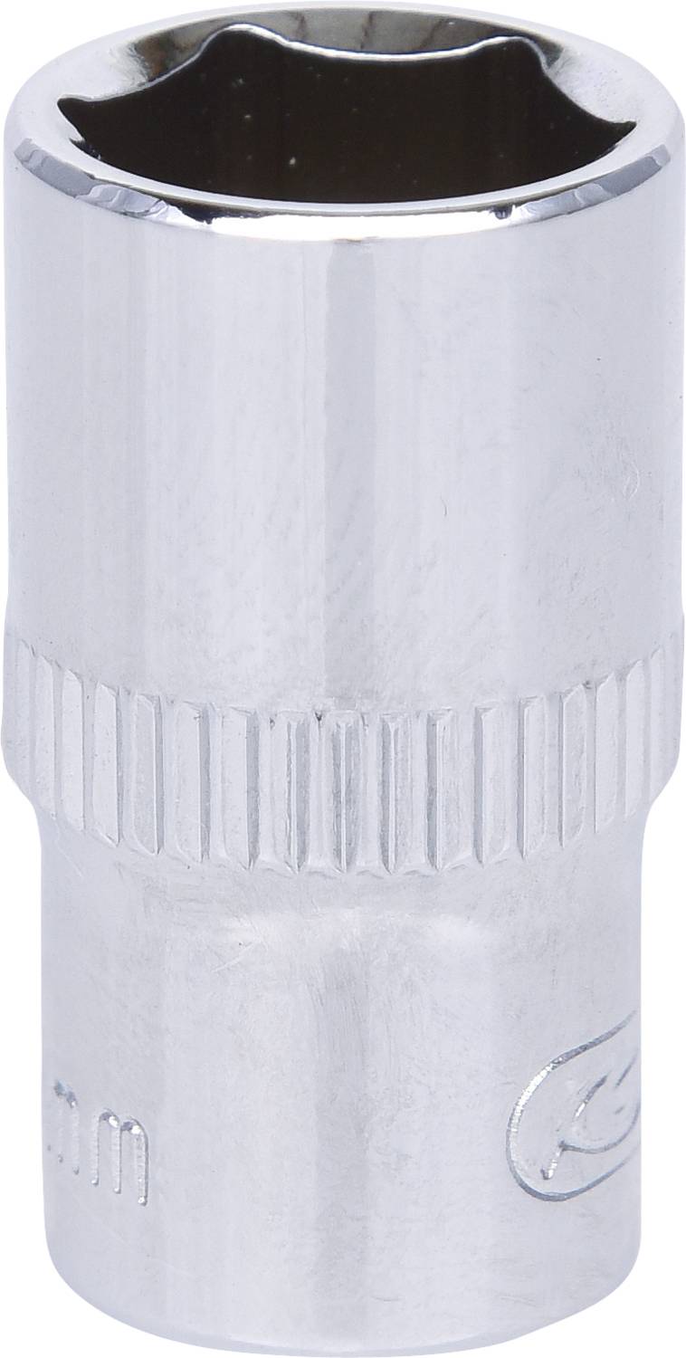 'Zeskantdop met chromen afwerking, met geribbelde handgreep. Geschikt voor mechanische werkzaamheden, met 16 mm stempel.'