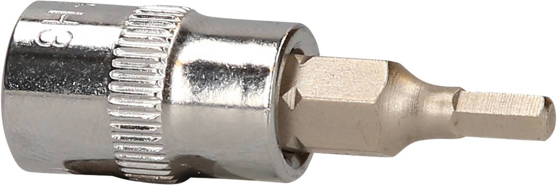 Metalen zeskantbitset, glanzend zilver, met een zeskante inzetstuk van messing, gebruikt voor mechanische bevestigingen.