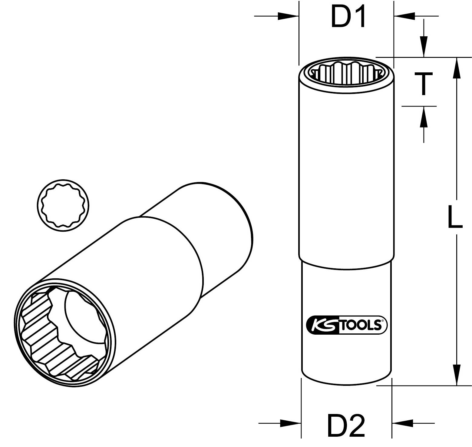 Afbeelding van een steeksleutel van KS Tools met technische afmetingen D1, D2, L en T. Toont een binnenaanzicht en een zijaanzicht.