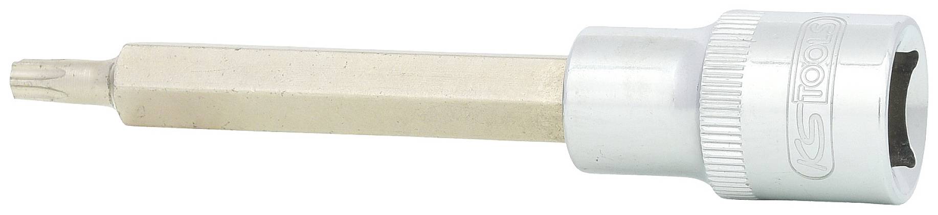 Een zilveren dopsleutelopzetstuk met een zeskante schacht en een Torx-aansluiting. Gereedschap voor gebruik met dopsleutels.