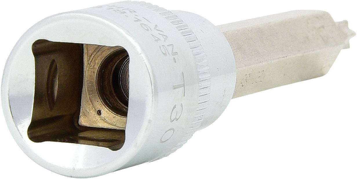 Dopsleutel met Torx-profiel, zilverkleurig, toont T30-grootte in close-up. Geschikt voor schroefwerkzaamheden aan specifieke schroefkoppen.