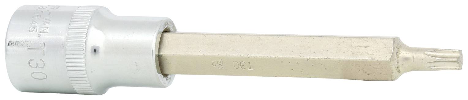 Zilveren gereedschapsbijlage met zeshoekige schacht en Torx-vorm aan de punt, waarschijnlijk een schroevendraaierbit.