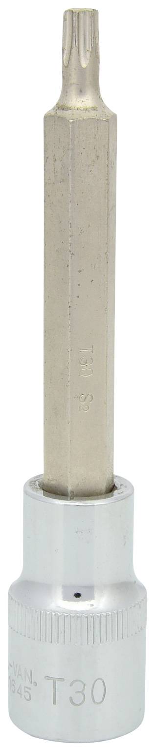 Een zilveren steeksleutel met een Torx-bit, aangeduid met 'T30', tegen een witte achtergrond.