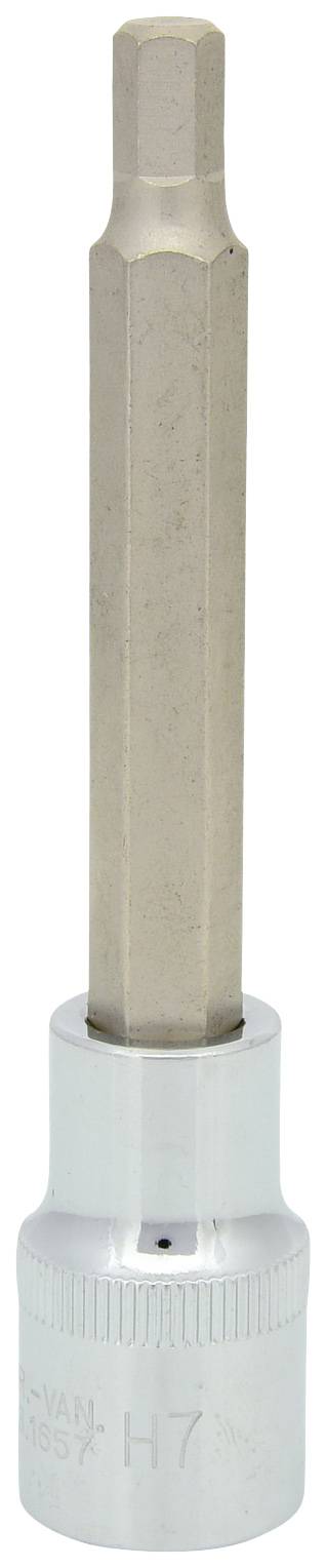 Een zeskant-bit-opzetstuk in dopsleutel-vorm. Bovenste deel zeshoekig, onderste deel cilindrisch, metaalkleurige uitstraling.