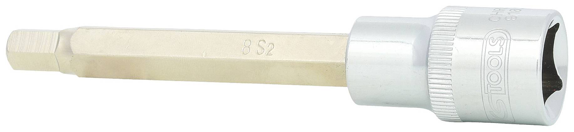 Lange dopsleutel met gouden, zeskante punt en zilveren ronde handgreep, gebruikt voor het aandraaien of losdraaien van schroeven.