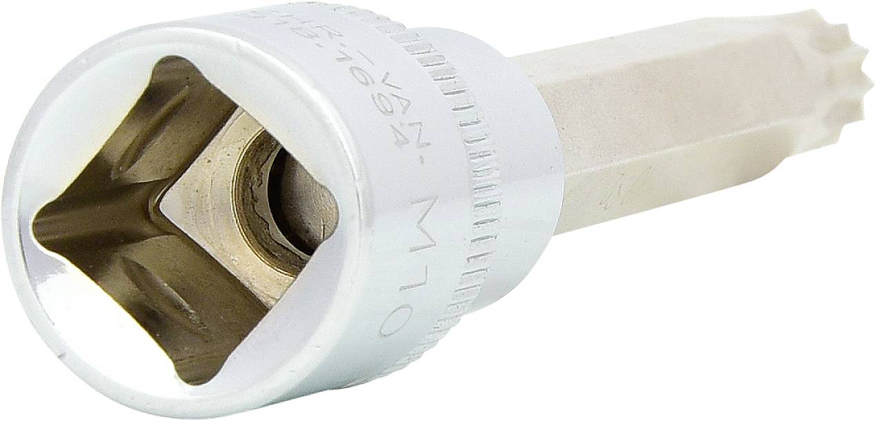 'Een zilveren veeltands bitopzetstuk M10 met een vierkante uiteinde.'