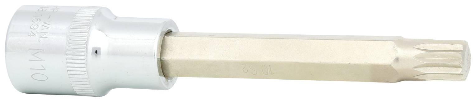 Een zilveren en goudkleurige schroevendraaier kop met een XZN-profiel en een lange, zeshoekige vorm.