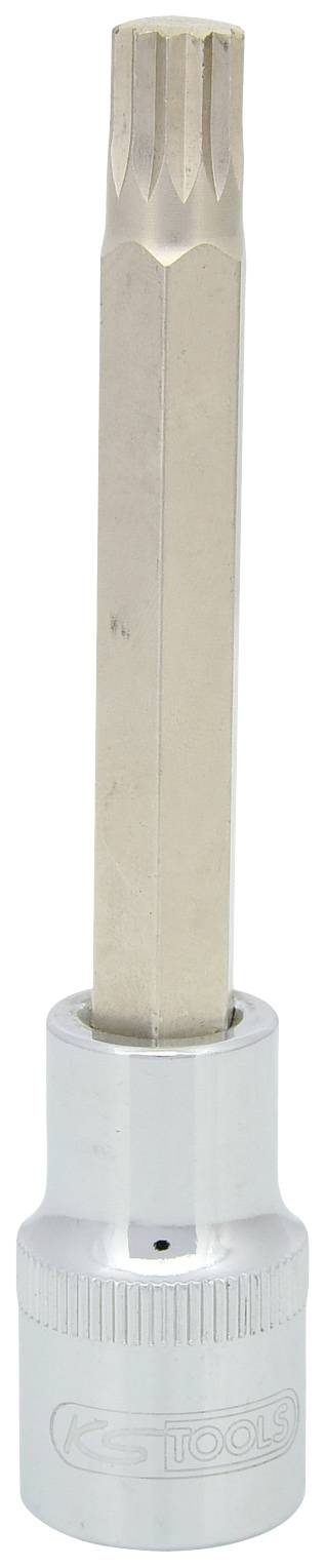 Bitsleutel met lange metalen greep en zeskante punt, bevestigd aan een zilveren steekbus. Geschikt voor Torx-schroeven.