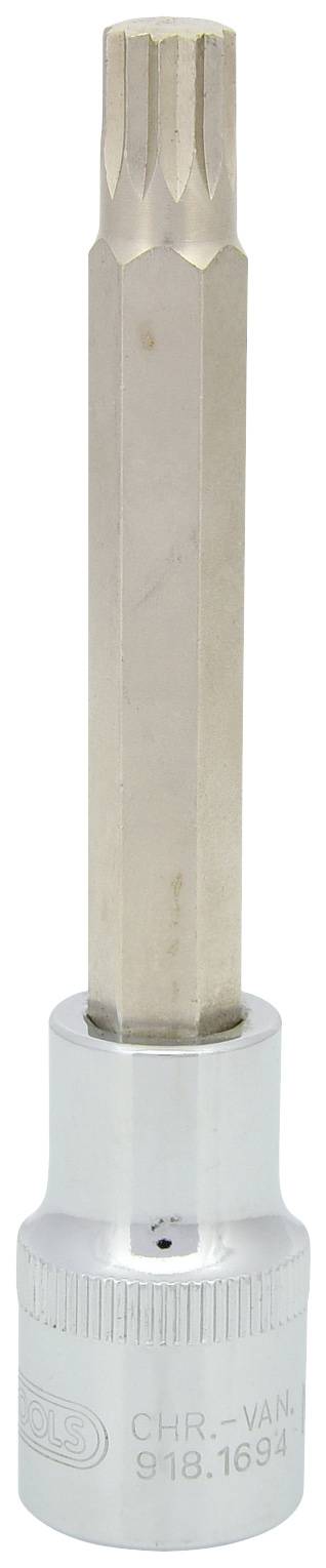 Steeksleutel met een lange, zeskante bit voor schroefmontage, van zilverkleurig metaal, bovenste helft geprofileerd.