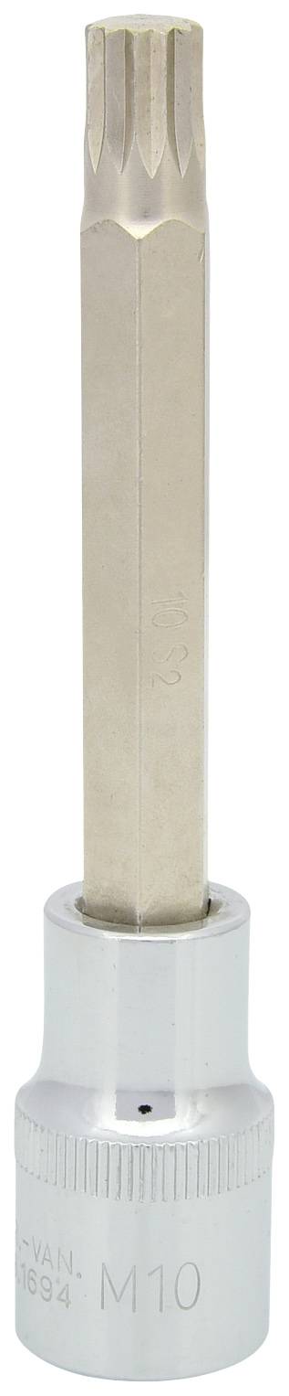 Een zilveren steeksleutel met een M10-opzetstuk voor Torx-schroeven, herkenbaar aan zijn stervormige punt.