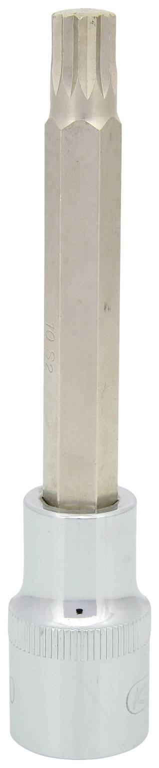 Een zilveren, zeskante dopsleutel met gegroefde greep, gebruikt voor mechanische werkzaamheden aan machines en voertuigen.