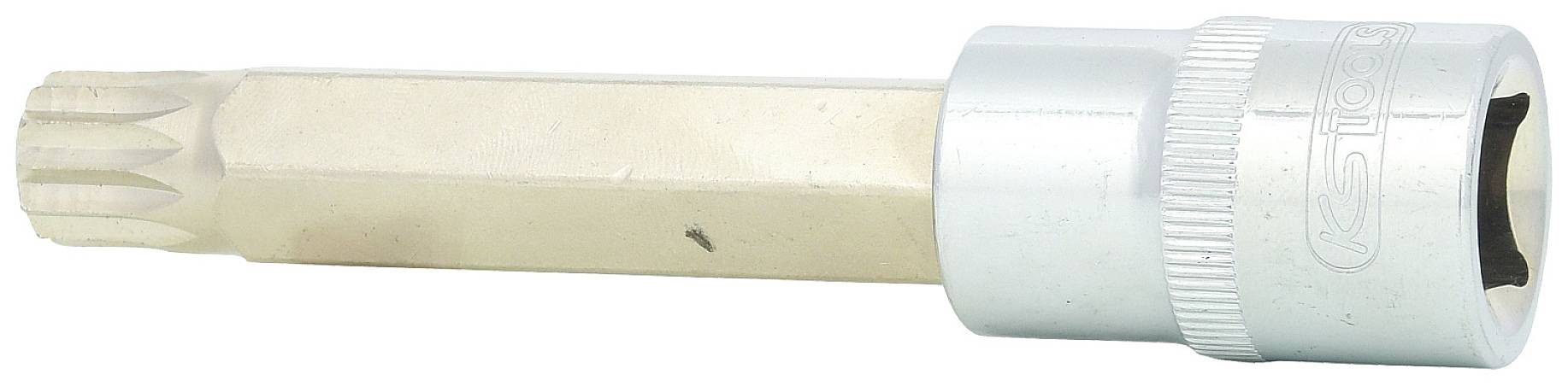 Een Torx-bit met een lange schacht en een cilindrische kop, bedoeld voor gebruik met een steeksleutel of ratelhouder.