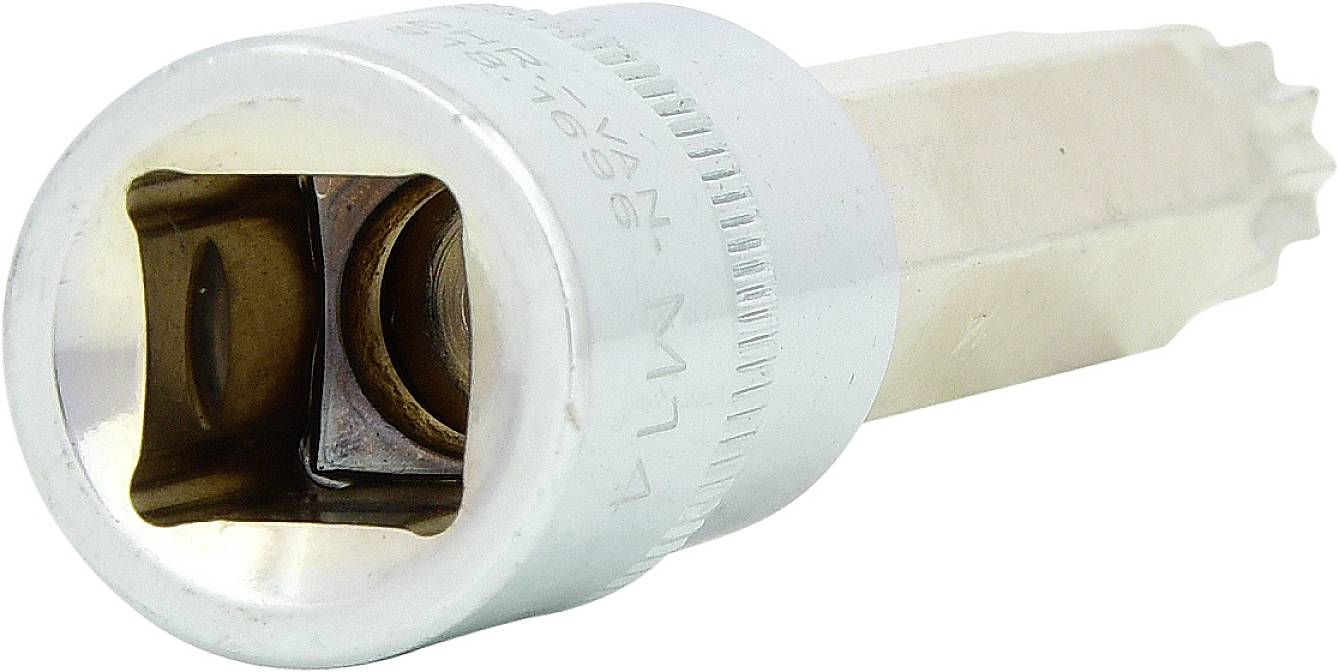 Een zilveren meertands bit, vaak gebruikt bij auto-reparaties. Heeft een 12-tands vorm en past op conventionele slagschroevendraaiers.