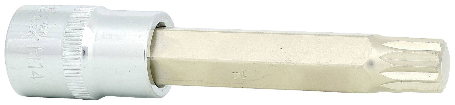 Zeskantdop met metalen kop, zilverkleurige basis en geelachtige verlenging. Gereedschap voor het vast- of losdraaien.