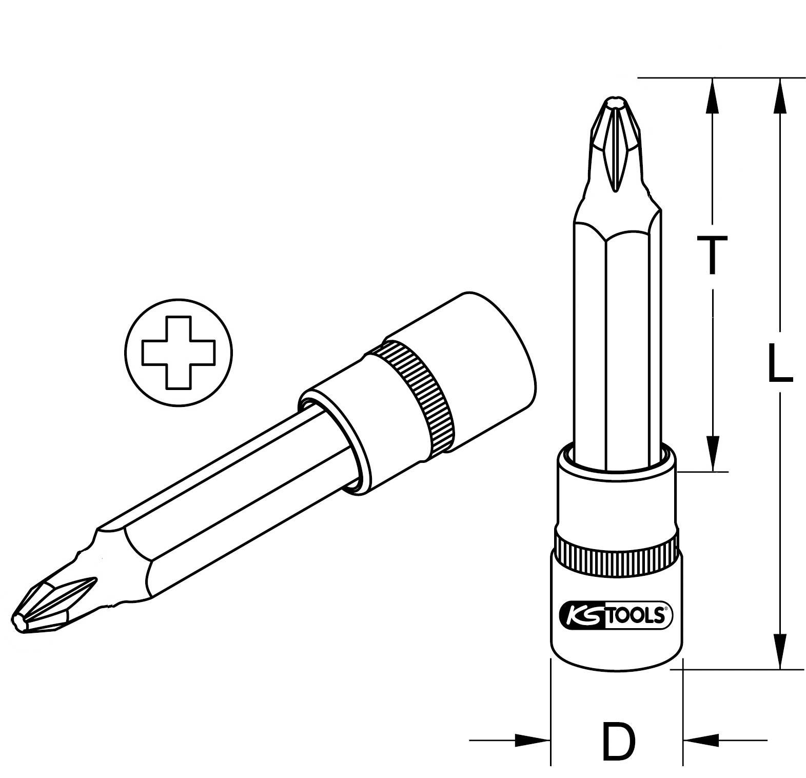 Tekening van een schroevendraaierbit met een Phillips-kop en afmetingen T, L, D. Merkenlogo 'KS Tools' op de bitvoet.
