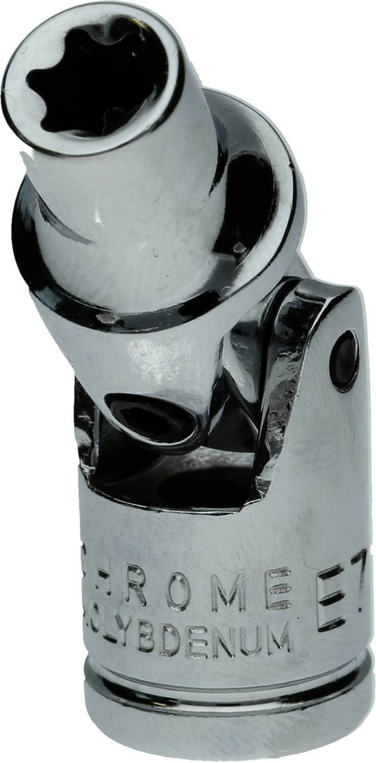 Een zilveren steeksleutelopzetstuk van chroom met een beweeglijk hoofd, geschikt voor moeilijk bereikbare schroeven.