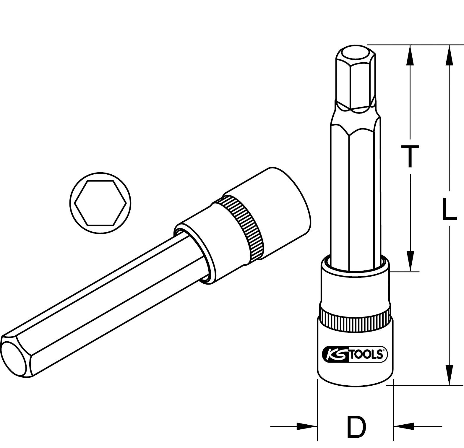Afbeelding toont een zeskant steeksleutel met afmetingen L en D, gereedschap van KS Tools, weergegeven in een technische tekening.