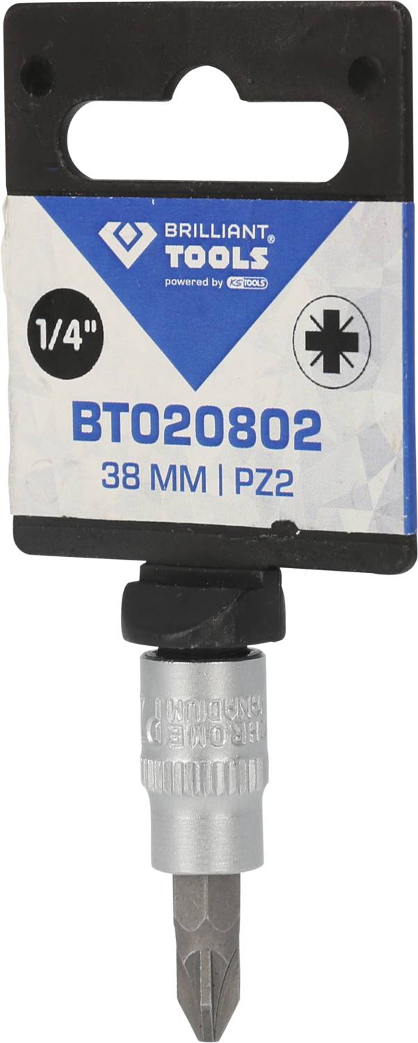 Schrauberbit, maat 1/4 inch, met kruiskop PZ2, lengte 38 mm, merk 'Brilliant Tools'.