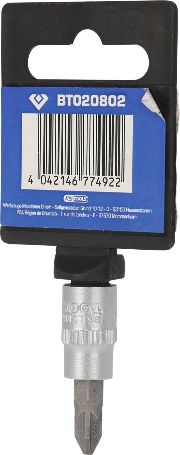 Bit-inzet op blauw etiket met streepjescode. Merknaam en productcode 'BT020802' herkenbaar. Product voor gebruik in boormachines.