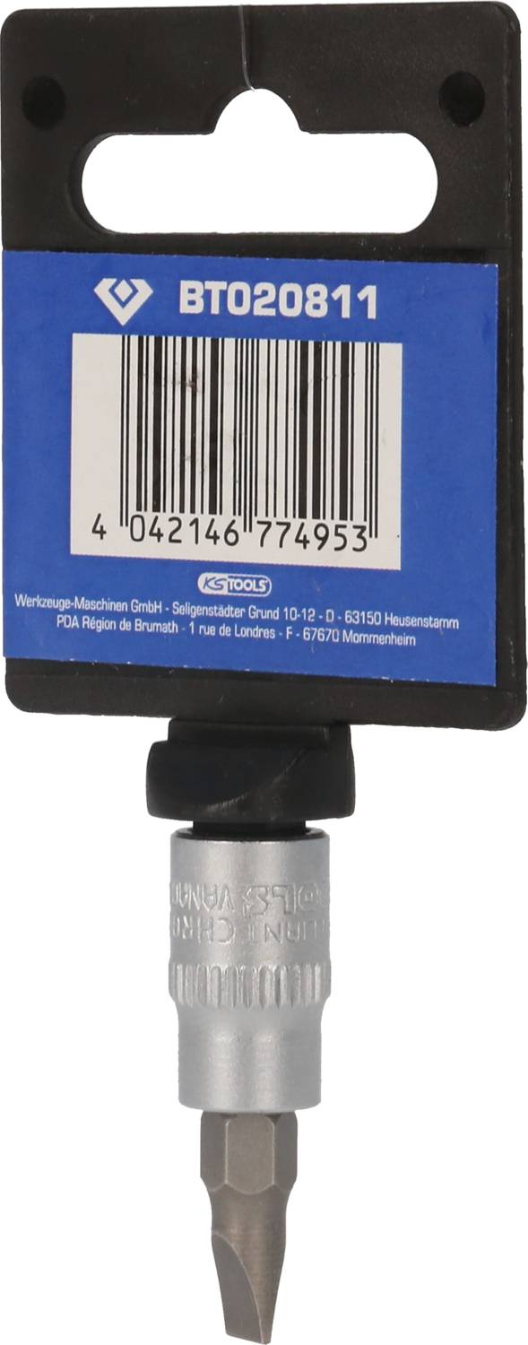 Schroevendraaierbit met houder, etiket toont barcode '4042146774953' en productnummer 'BT020811'.
