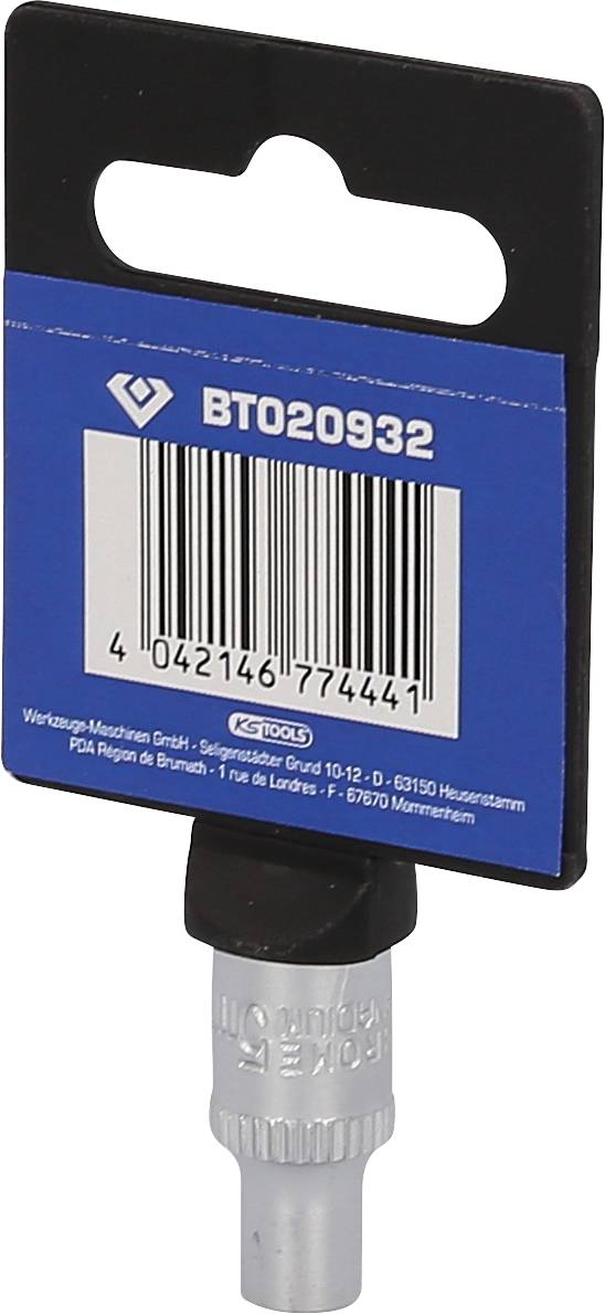 Een zilveren gereedschap met een blauwe verpakking die een streepjescode '4024164774441' en productnummer 'BT020932' toont.
